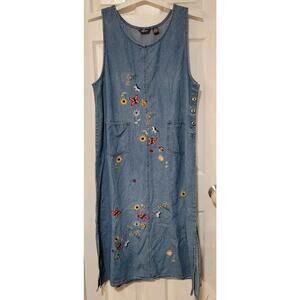 Agapo Womens Floral Butterfly Embroidered Sleeveless Denim Maxi Tank Dress Sz XL